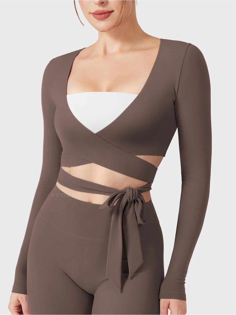 Yeoreo Dagney Long Sleeve Ballet Wrap Top - Mocha, Size S